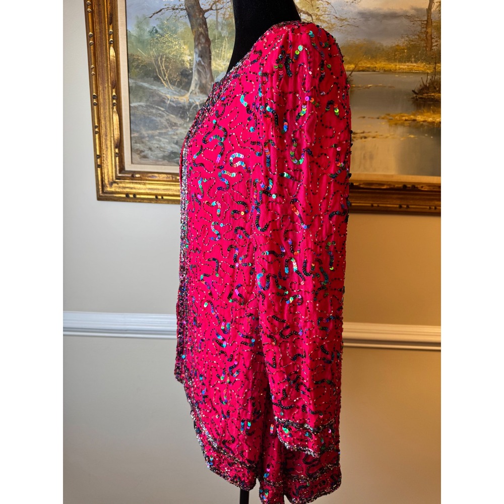 Vintage Pure Silk Beaded Sequin Evening Jacket Res Magenta Size S Gala Party - Picture 2 of 7
